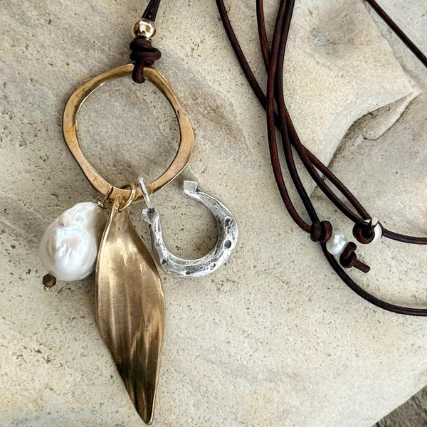 Handmade Bronze Twisted Leaf and Sterling Silver Horse Shoe Talismans Adjustable Long Leather Pearl Necklace