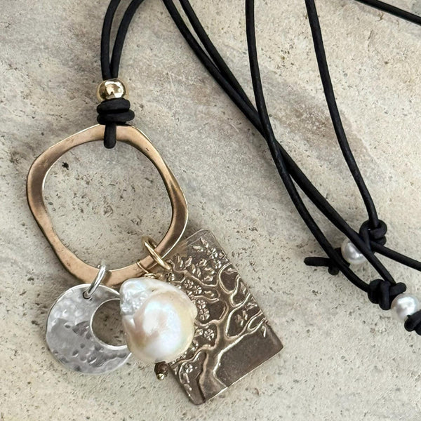 Handmade Bronze Tree Charm and Sterling Silver Crescent Moon Talismans Adjustable Long Leather Pearl Necklace
