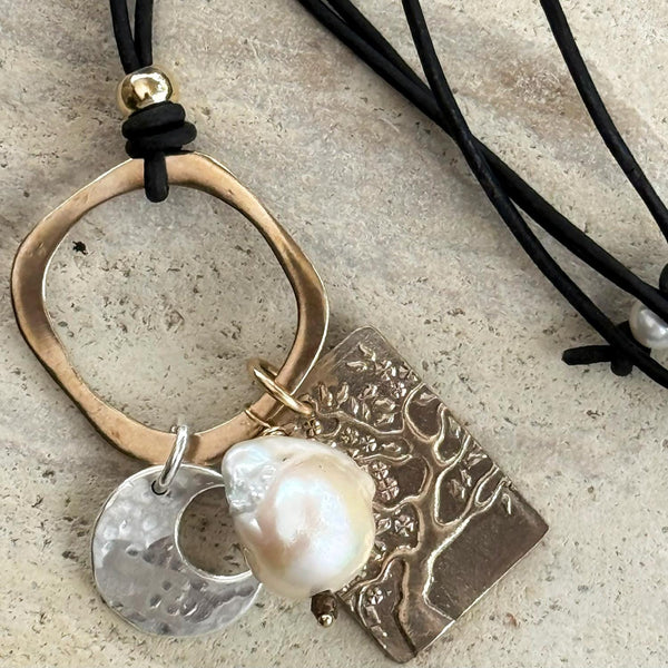 Handmade Bronze Tree Charm and Sterling Silver Crescent Moon Talismans Adjustable Long Leather Pearl Necklace