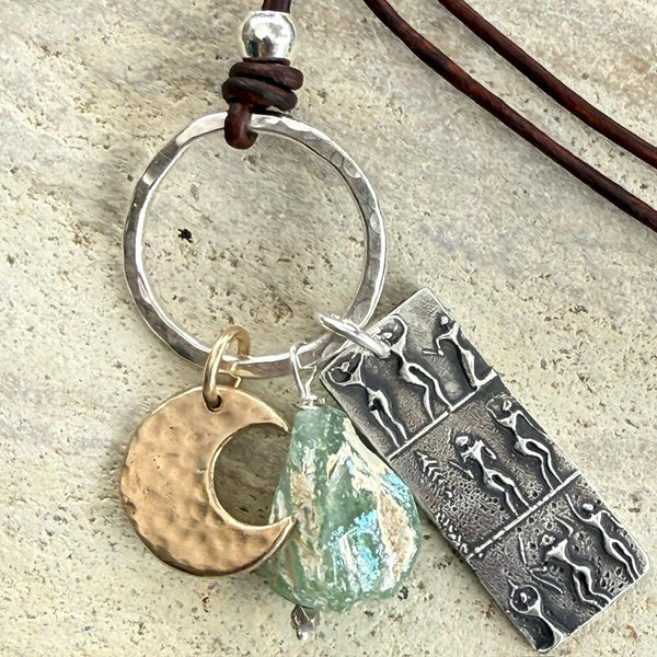 Handmade Sterling Silver Goddess Charm and Bronze Crescent Moon Talismans Adjustable Long Leather Roman Glass Necklace