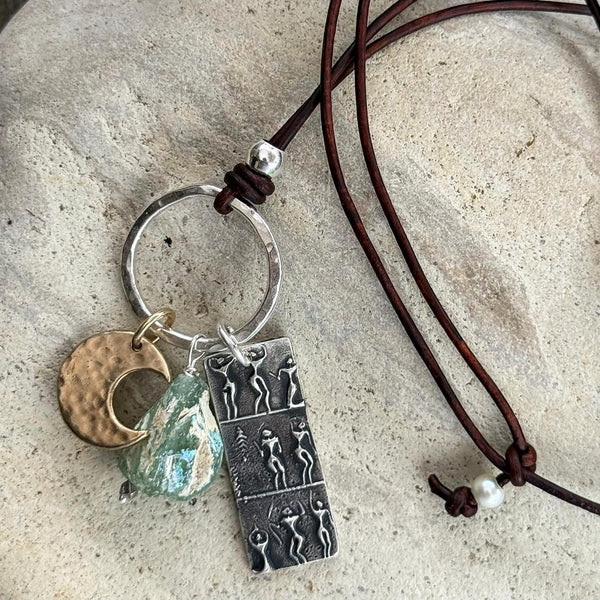 Handmade Sterling Silver Goddess Charm and Bronze Crescent Moon Talismans Adjustable Long Leather Roman Glass Necklace