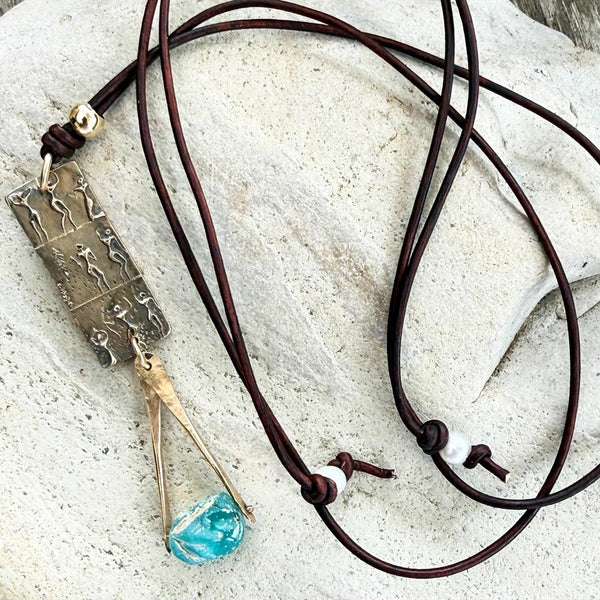 Handmade Bronze Goddess Charm with a Roman Glass Drop on a Long Leather Adjustable Necklace
