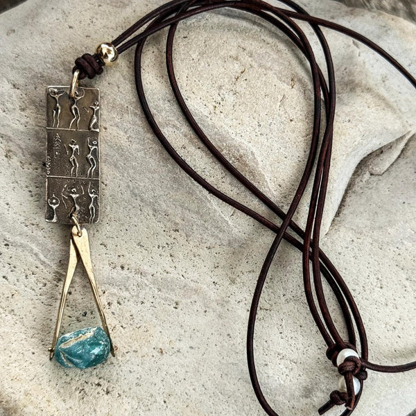 Handmade Bronze Goddess Charm with a Roman Glass Drop on a Long Leather Adjustable Necklace