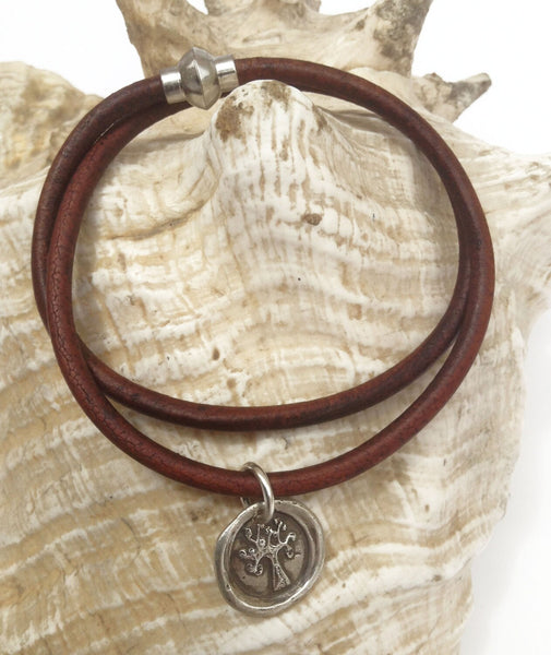 Handmade Sterling Silver Tree of Life Symbol Charm Double Wrap 4MM Leather Bracelet with Magnetic Closure