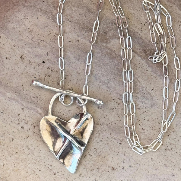 Sterling Silver Organic Cross My Heart Necklace on Sterling Silver Paper Clip Chain with a Front Toggle Closure