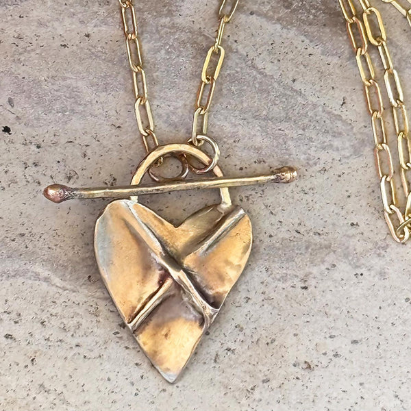 Bronze Organic Cross My Heart Necklace on Gold Filled Paper Clip Chain with a Front Toggle Closure
