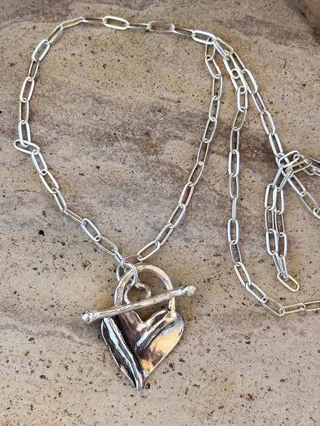 Bronze Organic Folded Heart Necklace on 14K Gold Filled Paper Clip Chain with a Front Toggle Closure