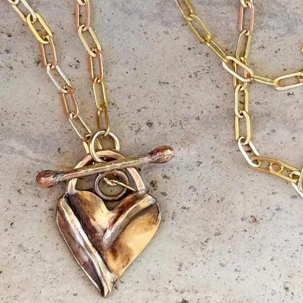 Sterling Silver Organic Folded Heart Necklace on Sterling Silver Paper Clip Chain with a Front Toggle Closure