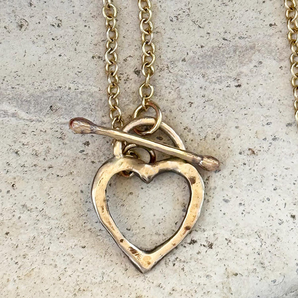 Bronze Organic Open Heart Necklace on 14K Gold Filled Chain and Front Toggle
