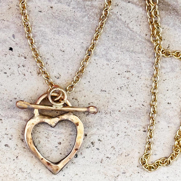 Bronze Organic Open Heart Necklace on 14K Gold Filled Chain and Front Toggle