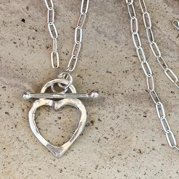 Sterling Silver Organic Open Heart Necklace on Paper Clip Chain with a Front Toggle