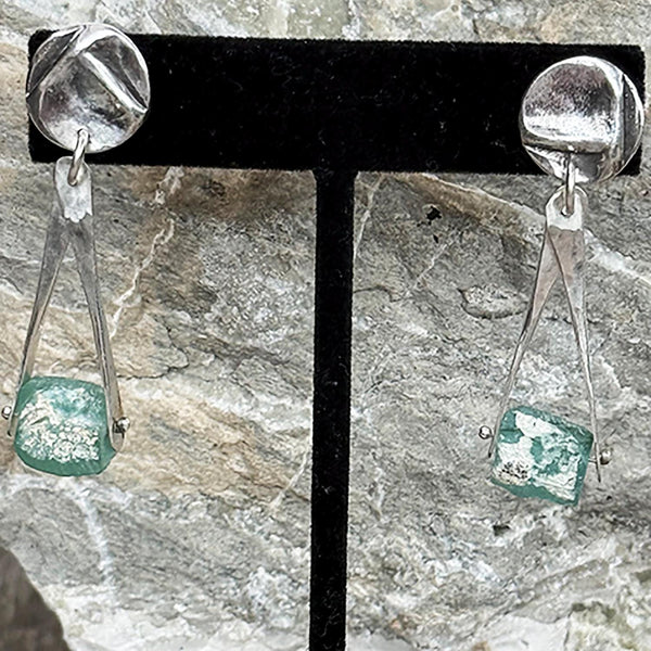 Sterling Silver Roman Glass Earrings Hanging from a Folded Round Post.