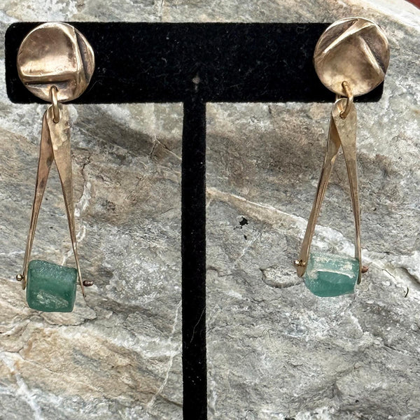 Sterling Silver Roman Glass Earrings Hanging from a Folded Round Post.