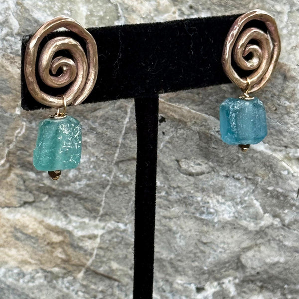 Cast Organic Bronze Spiral Post Earrings with Roman Glass Beads
