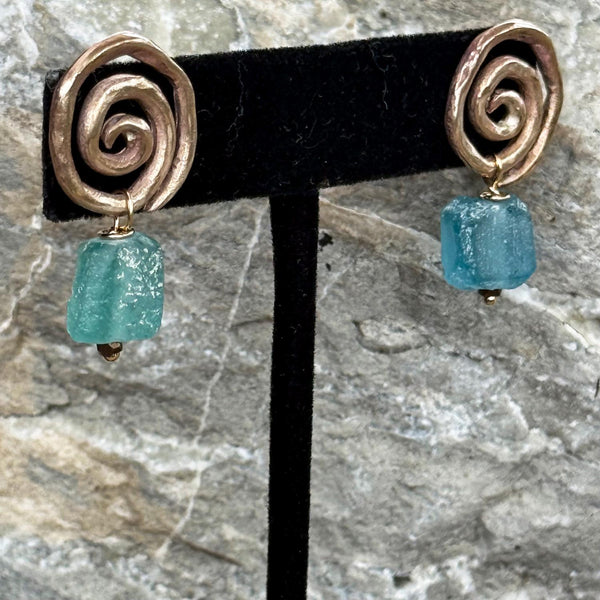 Cast Organic Sterling Spiral Post Earrings with Roman Glass Beads