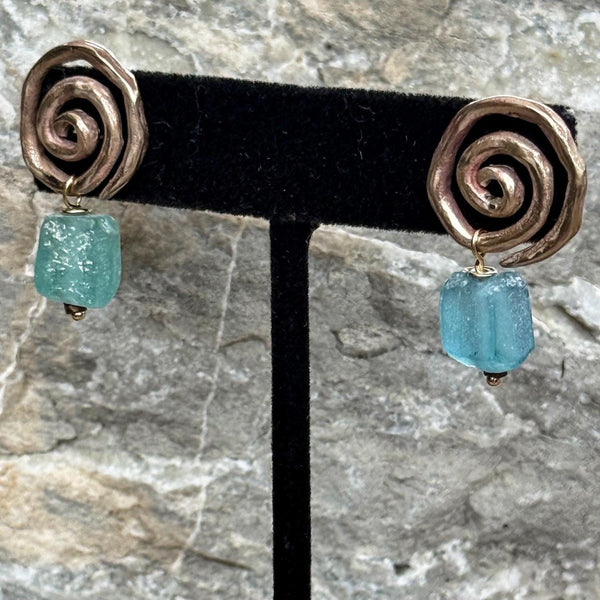 Cast Organic Sterling Spiral Post Earrings with Roman Glass Beads