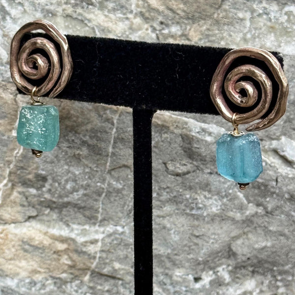 Cast Organic Bronze Spiral Post Earrings with Roman Glass Beads