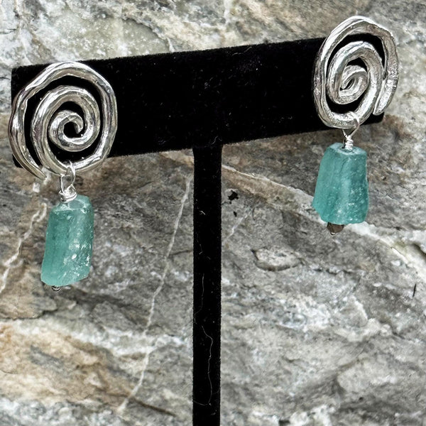 Cast Organic Sterling Spiral Post Earrings with Roman Glass Beads