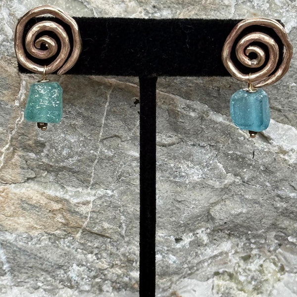 Cast Organic Sterling Spiral Post Earrings with Roman Glass Beads