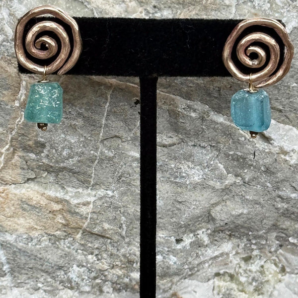 Cast Organic Bronze Spiral Post Earrings with Roman Glass Beads
