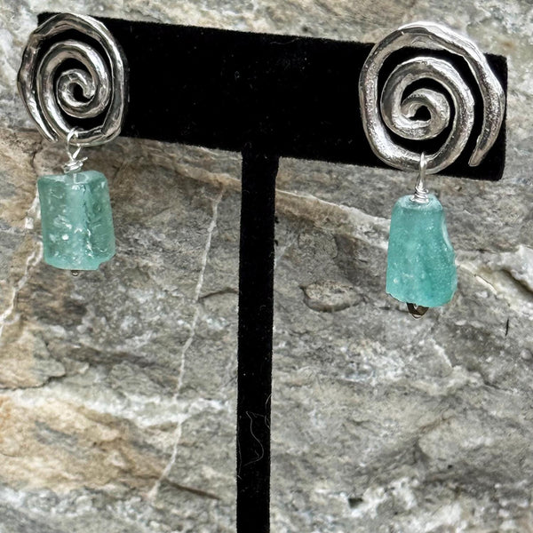 Cast Organic Sterling Spiral Post Earrings with Roman Glass Beads