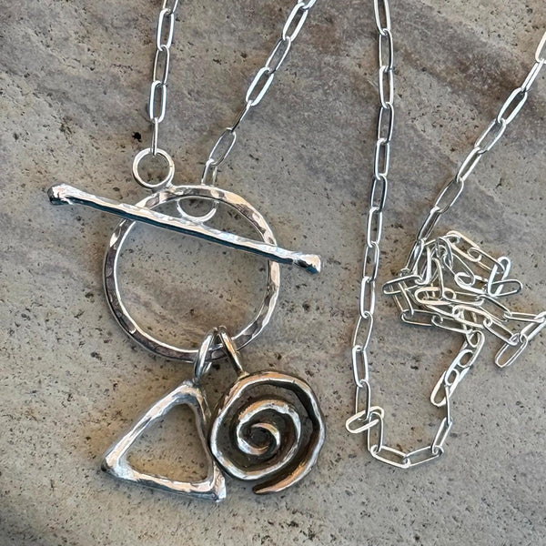 Sterling Silver Front Toggle Necklace with Sterling Silver Triangle and Bronze Spiral on Sterling Silver Paper Clip Chain