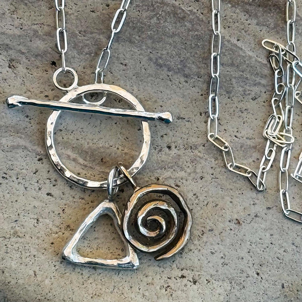 Sterling Silver Front Toggle Necklace with Sterling Silver Triangle and Bronze Spiral on Sterling Silver Paper Clip Chain
