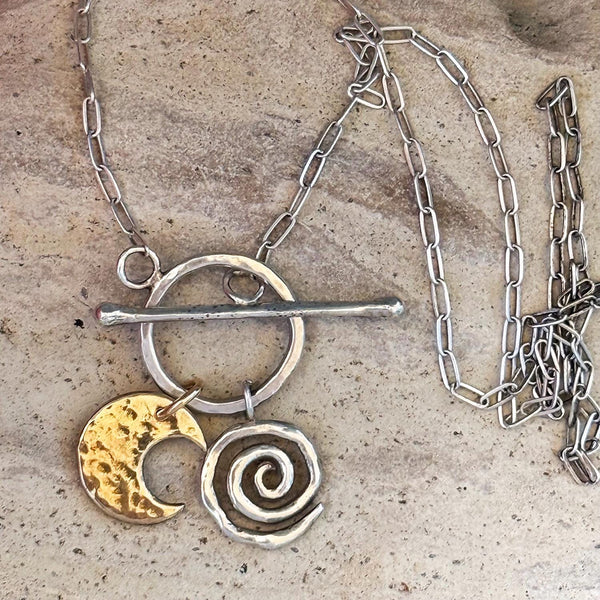 Sterling Silver Front Toggle Necklace with Sterling Silver Triangle and Bronze Spiral on Sterling Silver Paper Clip Chain
