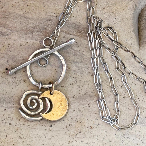 Sterling Silver Front Toggle Necklace with Sterling Silver Triangle and Bronze Spiral on Sterling Silver Paper Clip Chain