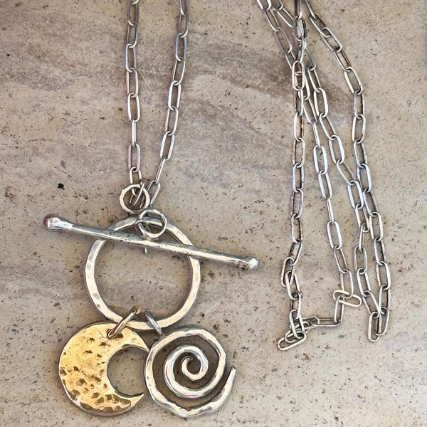 Sterling Silver Front Toggle Necklace with Sterling Silver Triangle and Bronze Spiral on Sterling Silver Paper Clip Chain