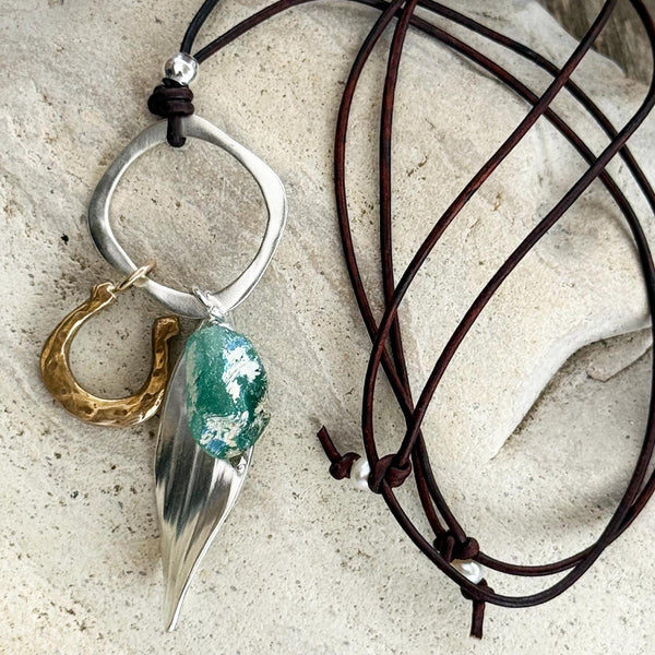 Handmade Sterling Silver Twisted Leaf and Bronze Horse Shoe Talismans Adjustable Long Leather Roman Glass Necklace