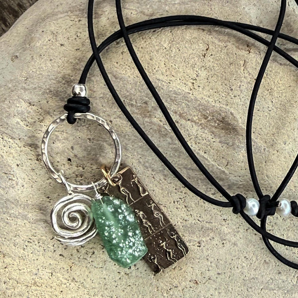 Handmade Bronze Goddess Charm and Sterling Silver Spiral Talismans Adjustable Long Leather Roman Glass Necklace