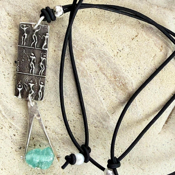 Handmade Sterling Silver Goddess Charm with a Roman Glass Drop on a Long Leather Adjustable Necklace