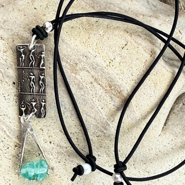 Handmade Sterling Silver Goddess Charm with a Roman Glass Drop on a Long Leather Adjustable Necklace