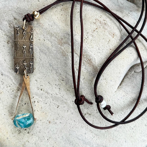 Handmade Bronze Goddess Charm with a Roman Glass Drop on a Long Leather Adjustable Necklace