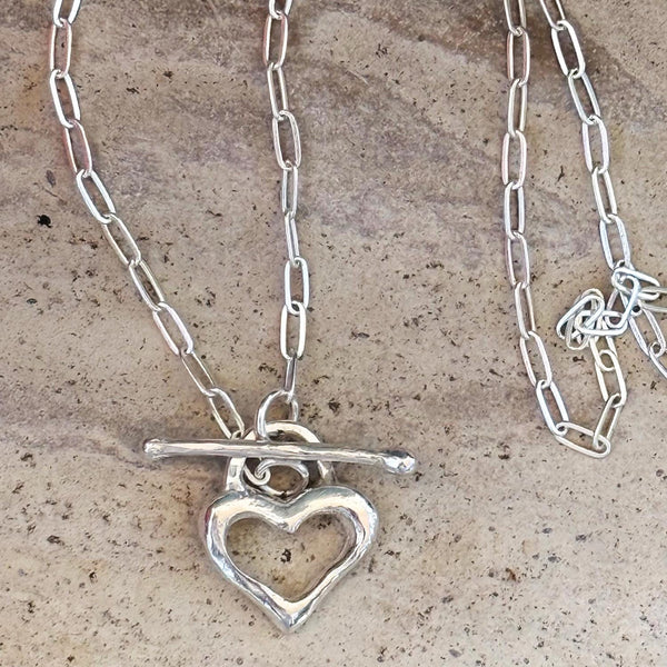 Bronze Organic Heart Pendant on Gold Filled Paper Clip Chain with a Front Toggle Closure