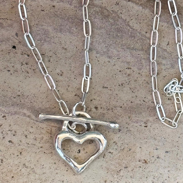 Bronze Organic Heart Pendant on Gold Filled Paper Clip Chain with a Front Toggle Closure