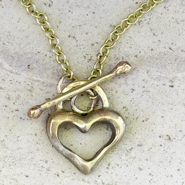 Bronze Organic Heart Pendant on Gold Filled Paper Clip Chain with a Front Toggle Closure