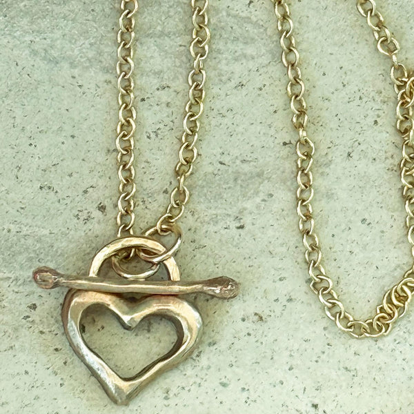 Bronze Organic Heart Pendant on Gold Filled Paper Clip Chain with a Front Toggle Closure
