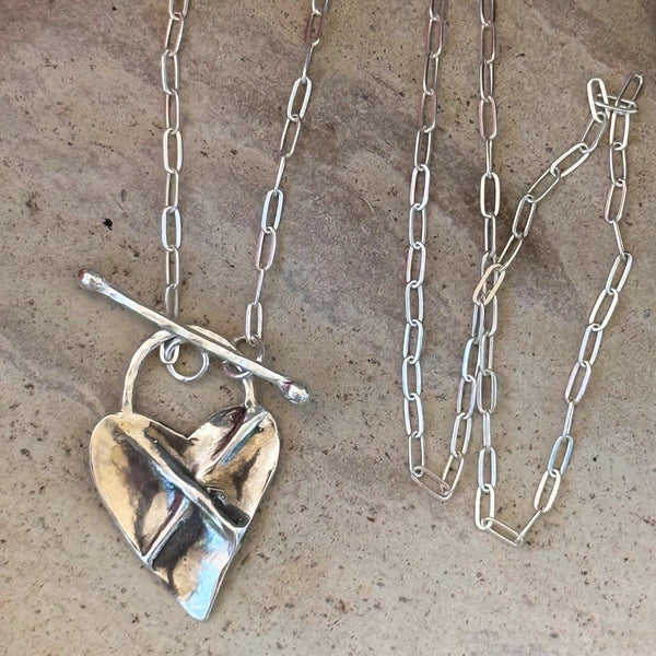 Bronze Organic Cross My Heart Necklace on Gold Filled Paper Clip Chain with a Front Toggle Closure
