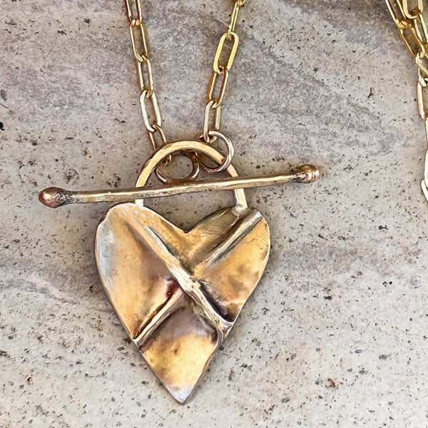 Bronze Organic Cross My Heart Necklace on Gold Filled Paper Clip Chain with a Front Toggle Closure