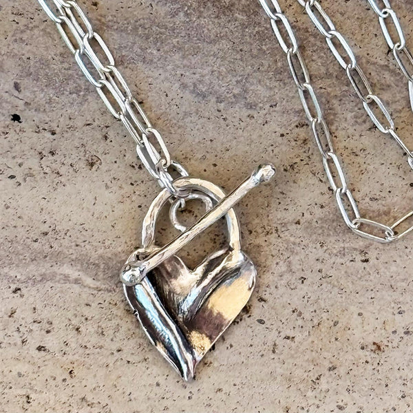 Bronze Organic Folded Heart Necklace on 14K Gold Filled Paper Clip Chain with a Front Toggle Closure