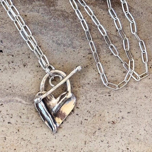 Bronze Organic Folded Heart Necklace on 14K Gold Filled Paper Clip Chain with a Front Toggle Closure