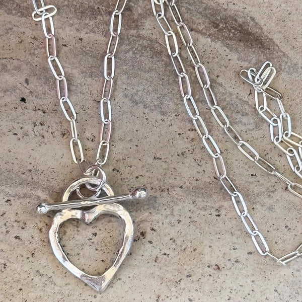Sterling Silver Organic Open Heart Necklace on Paper Clip Chain with a Front Toggle