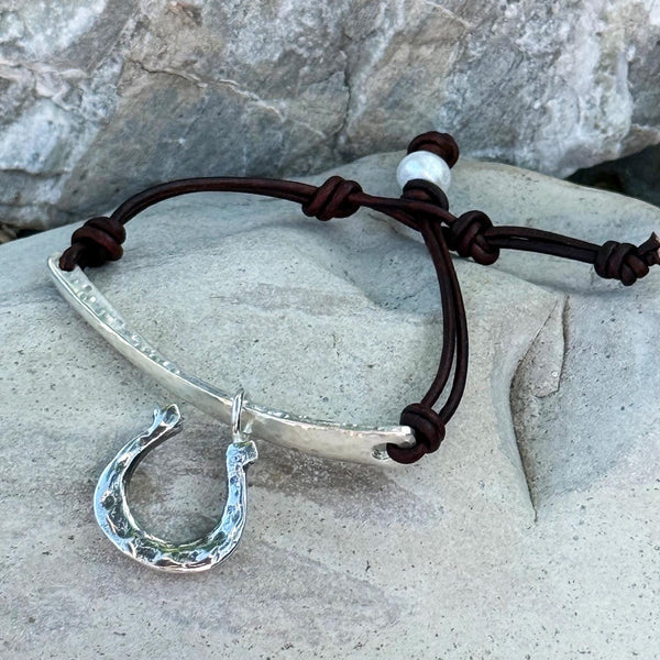 Handmade Hammered Sterling Silver Organic Bar and Horseshoe Bracelet with Adjustable Pearl Closure