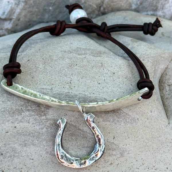 Handmade Hammered Bronze Organic Bar and Horseshoe Bracelet with Adjustable Pearl Closure