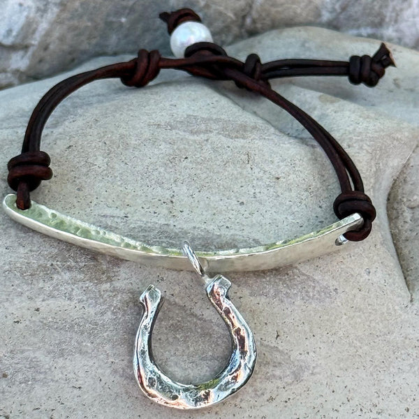 Handmade Hammered Sterling Silver Organic Bar and Horseshoe Bracelet with Adjustable Pearl Closure