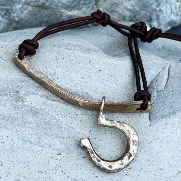 Handmade Hammered Sterling Silver Organic Bar and Horseshoe Bracelet with Adjustable Pearl Closure