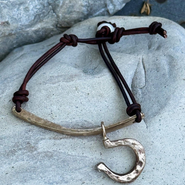 Handmade Hammered Bronze Organic Bar and Horseshoe Bracelet with Adjustable Pearl Closure