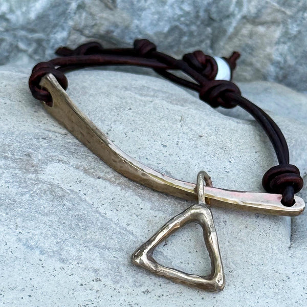 Handmade Hammered Bronze Organic Bar and Triangle Bracelet with Adjustable Pearl Closure